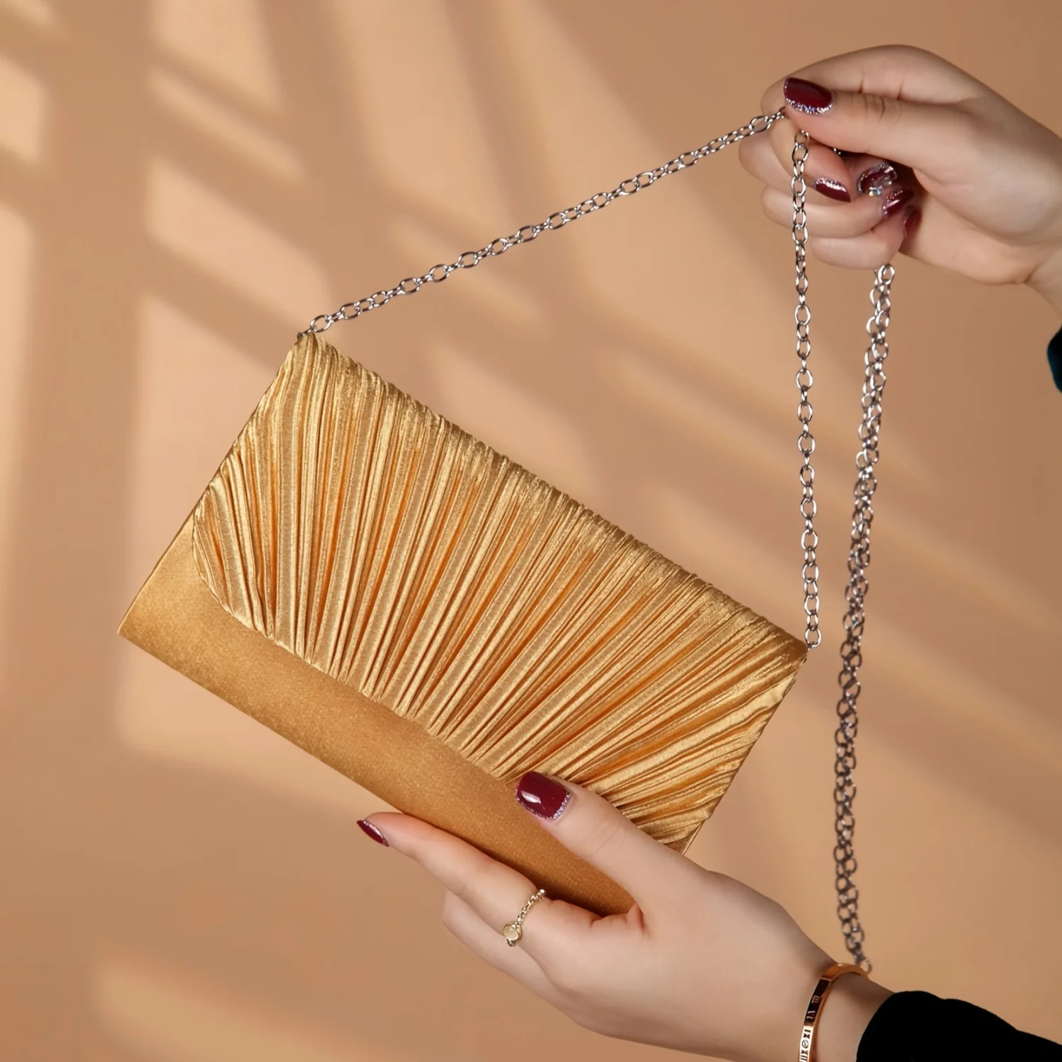 Solid Color Pleated Striped Party Clutch Bag with Chain Strap - Party/Dance Essential!