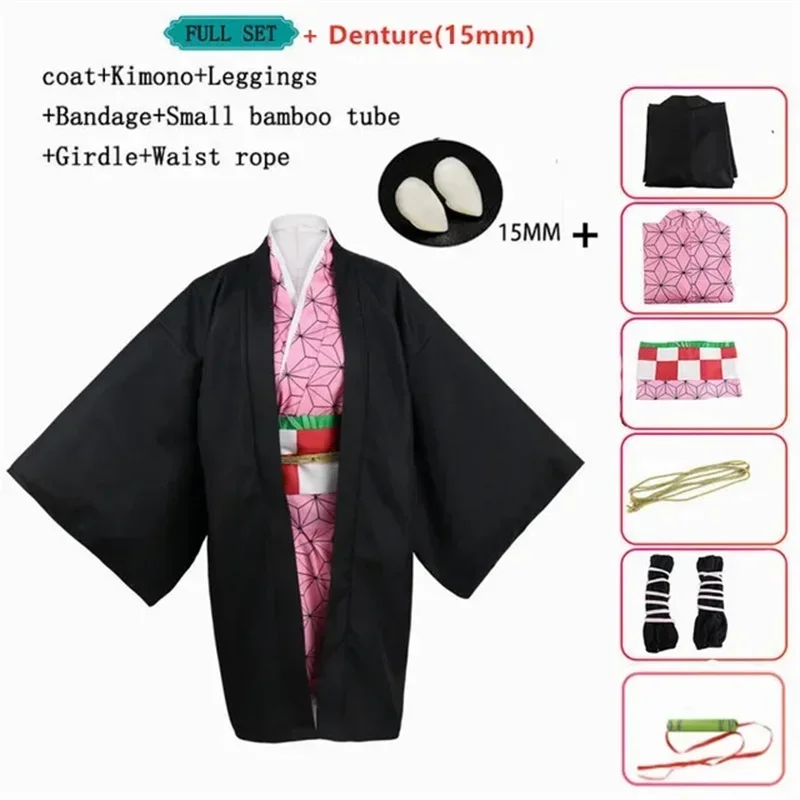 New Anime Nezuko Cosplay Costume Kimono Devil Hunter Kamado Nezuko Costume Wig Womens Girls Kimono Uniform Clothes