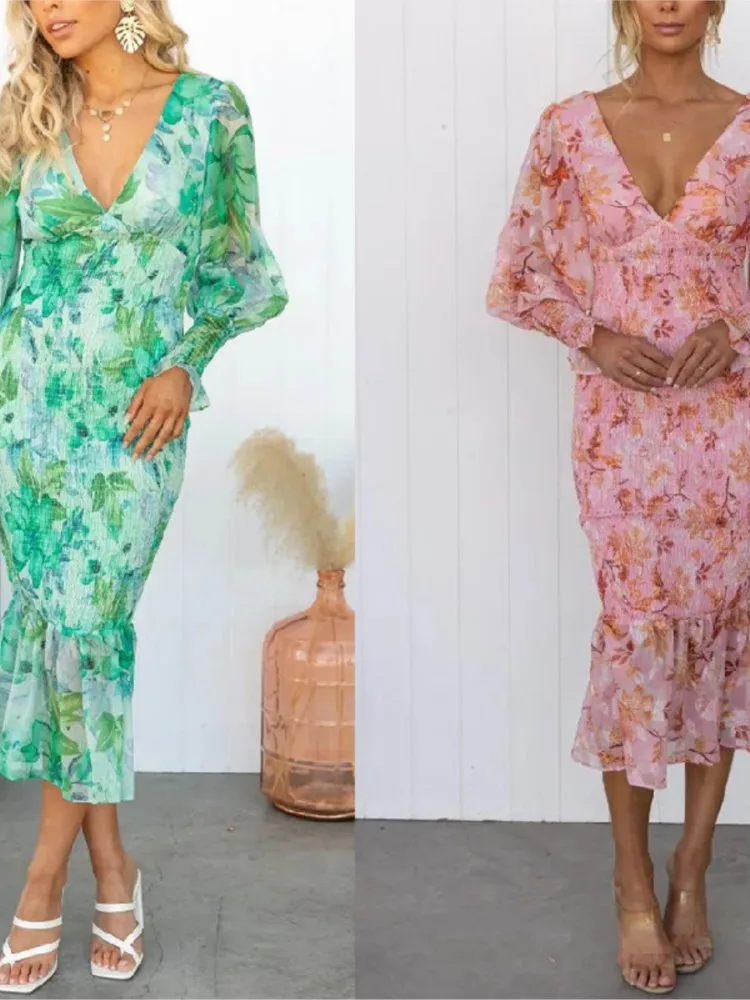 Jupe à volants imprimée à la mode pour femmes, taille élastique, manches longues, robe sexy à col en V, vêtements d'automne, nouveau style