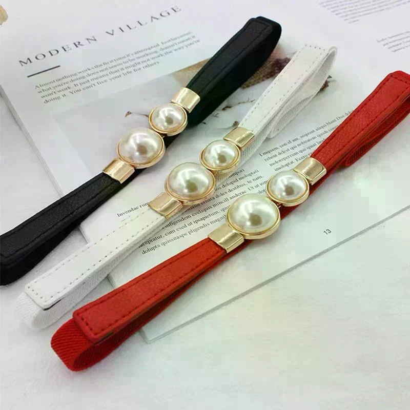 Pearl Buckle Belt PU Leather Dress Skirt Waist Elastic Thin Women Belts Ladies Waistband Accessories