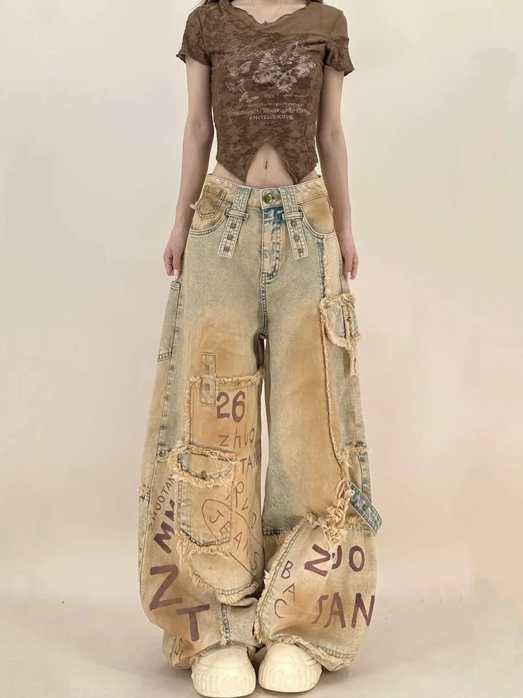 Original Hand-Painted Letter High Waist Knife  Fringed Denim Pants Women's Personality Trousers Commute Style Autumn New