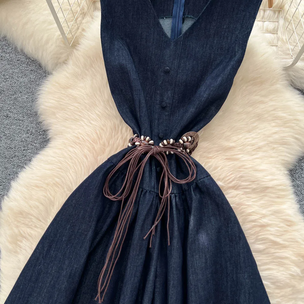 Chic vintage scollo a V senza maniche increspato sottile elegante fata moda coreana Boho vestito estivo abbigliamento donna Abito lungo