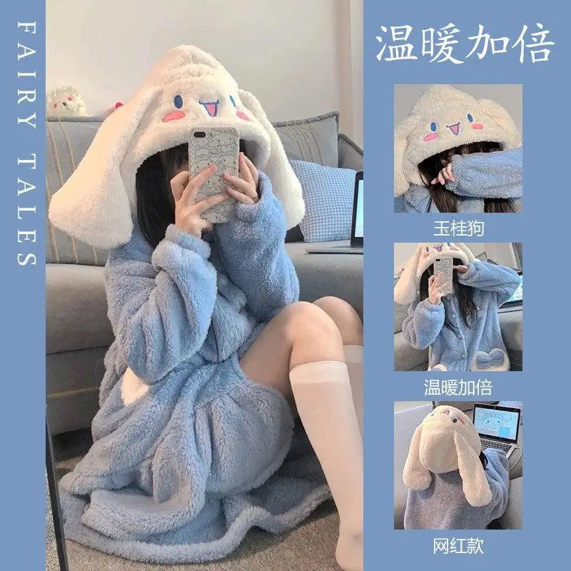 Kawaii Anim Nightgown Cinnamoroll Girl Thicken Decorate Warm Pajamas Leisure Lounge Clothes Cartoon Gift Wholesale