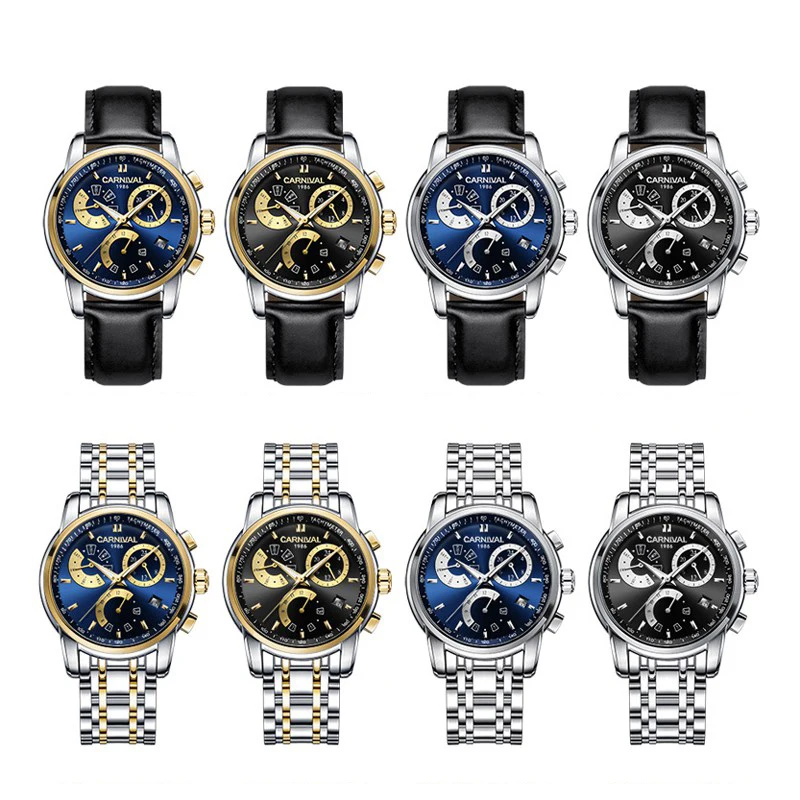 CARNIVAL Mens Watches Luxury Top Brand Waterproof Sapphire Automatic Mechanical Wristwatch Fashion Leather Calendar Watch Men