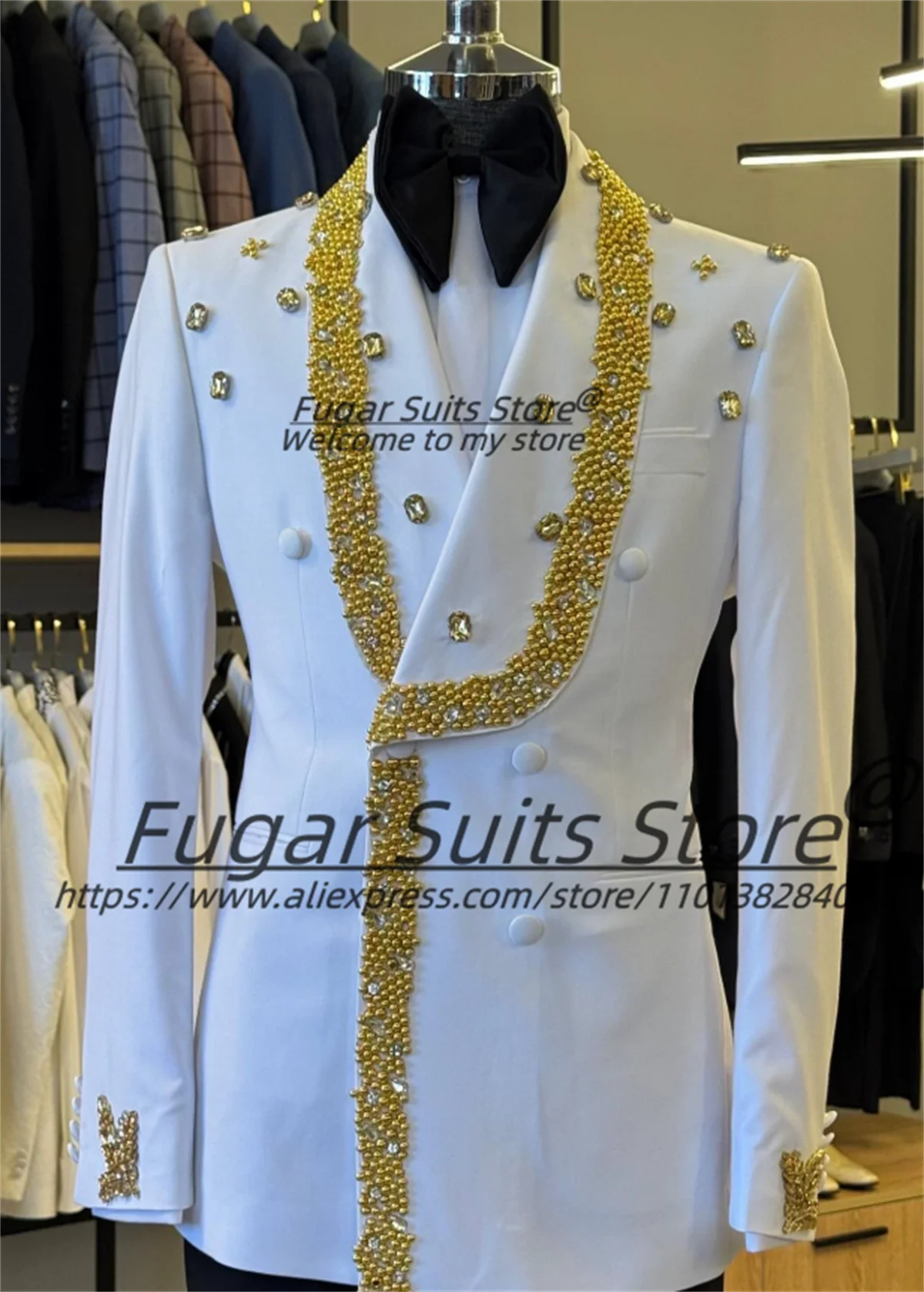 

Golden bead decoration Luxuly Men Suits Customized Slim Fit Shawl Lapel groom Wedding Tuxedos 2 Pieces Sets trajes para hombre