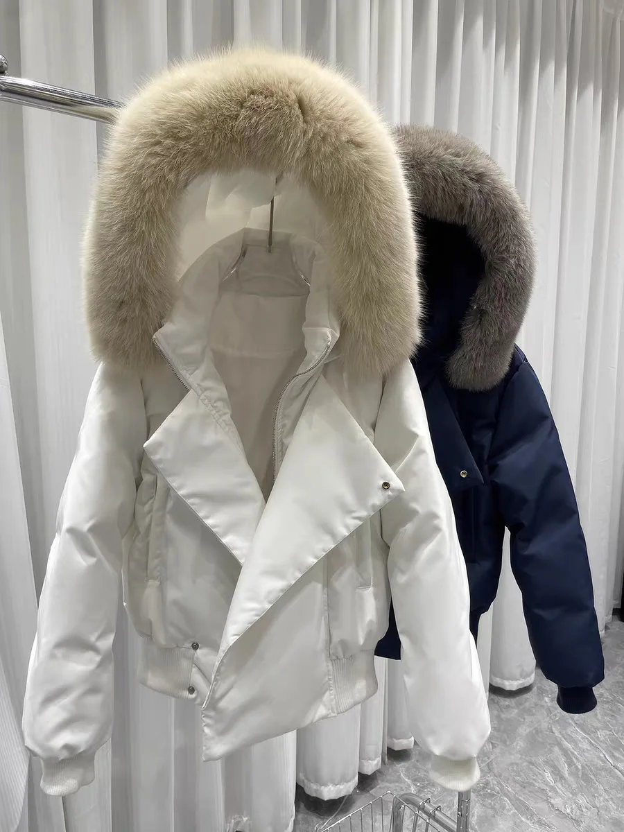 

Зимняя теплая куртка-пуховик с капюшоном из натурального меха, женская однотонная куртка-пуховик на белом утином пуху, женская короткая утепленная куртка на молнии