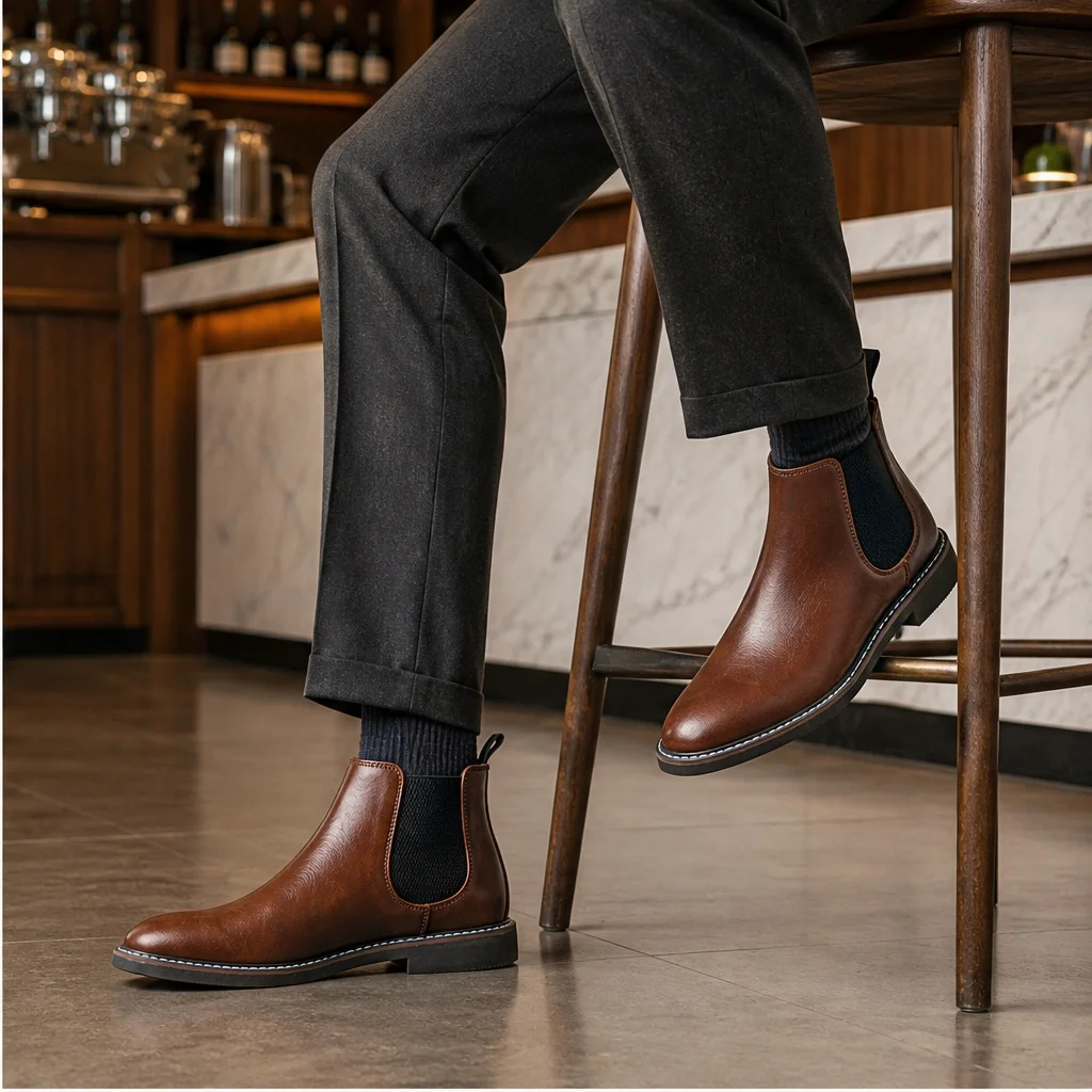 Chelsea-Stiefel für Herren, warmes Braun-Finish, Herrenstiefel mit elastischen Seiten, genähter Sohlenkante, knöchelhoch. – Detail 1
