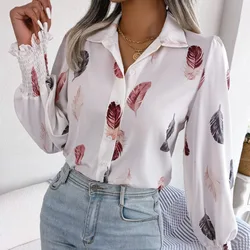 Camisa con solapa de manga farol para mujer, Top cómodo informal con plumas de temperamento, ropa básica de moda para vacaciones, primavera y verano