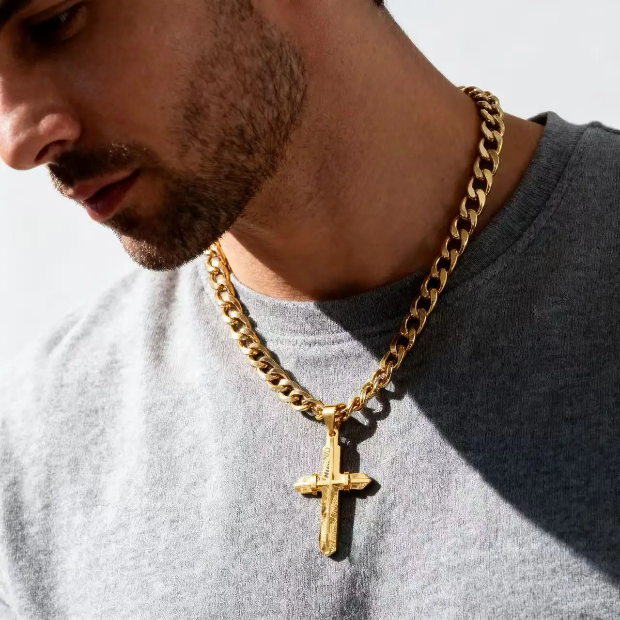 HNSP 316L Edelstahl 3D-Kreuz-Anhänger-Halskette für Herren, religiöser Schmuck, Accessoires – Detail 2