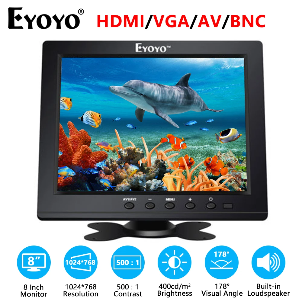 Eyoyo 8 Inch Security Monitor 1024x768 IPS Screen 4:3 Small Extender Display With Loudspeaker. HDMI/VGA/AV Input Used For PC