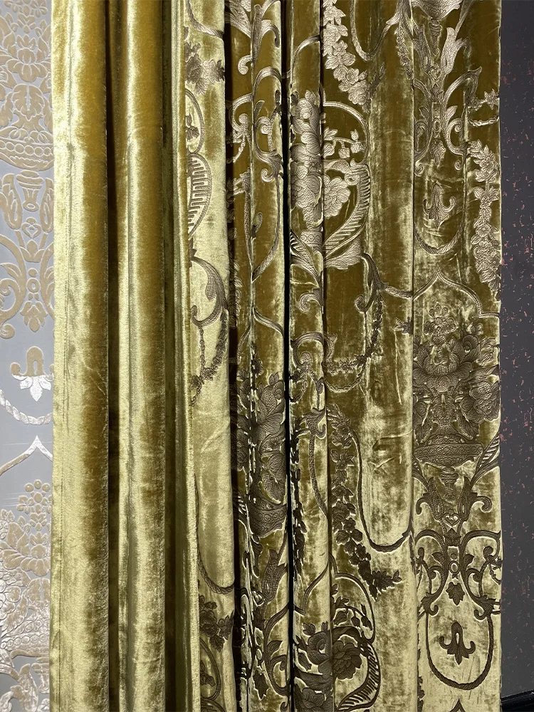 Custom curtain New high-end velvet bedroom luxury yellow gold retro American thick cloth blackout curtain tulle  drape C1425