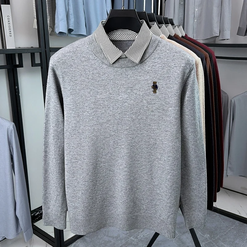 Exquisiter Herbst-Strickpullover mit Stickerei, O-Ausschnitt, Farbblock-Design, Zweiteiler-Optik, Hemdkragen, Langarm-Oberteil, Vielseitige Herrenbekleidung – Detail 9