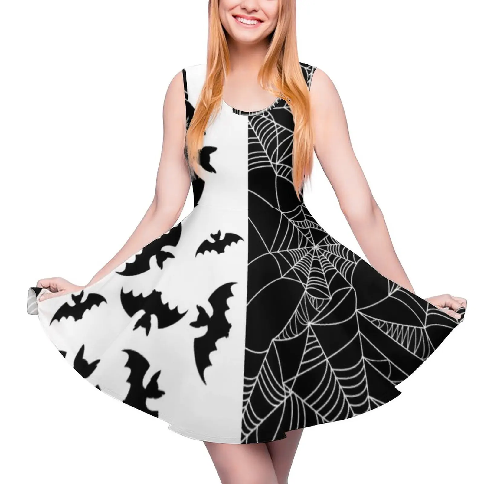 Black Bat Dress Sleeveless Webs Print Two Tone Street Style Dresses Summer Women Oversized Sexy Printed Skate Dress