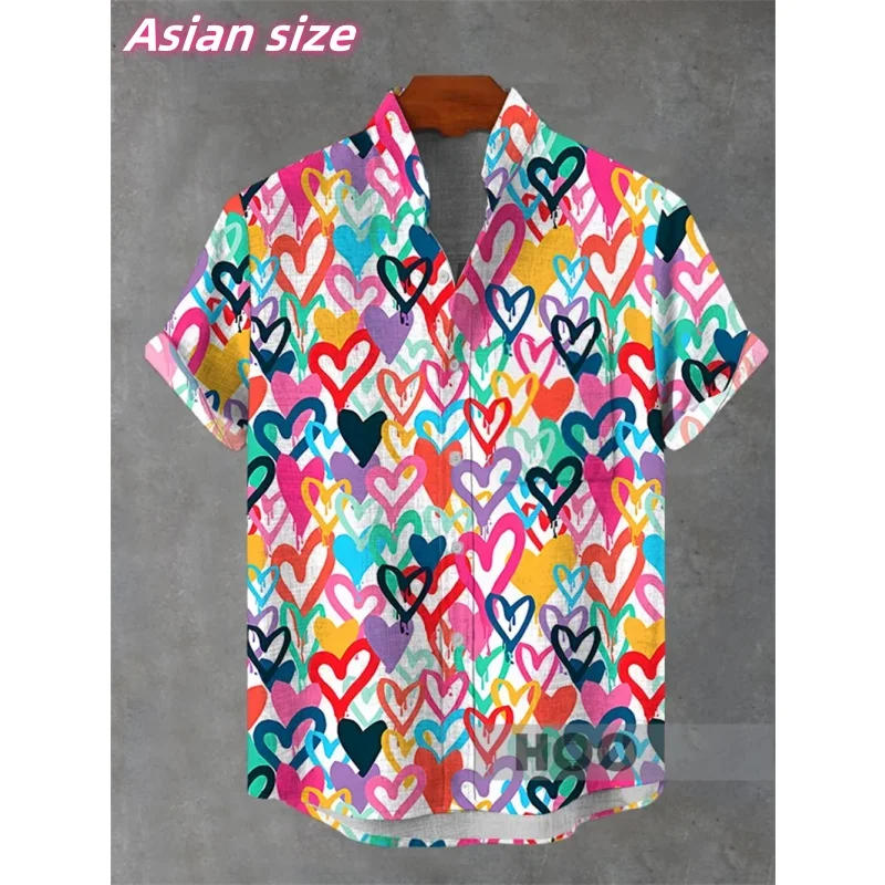 Colorful Geometric Love Graphic Hawaiian Shirt For Men Cat Dog 3D Printed Short Sleeve Summer Loose Aloha Shirts Lapel Blouse