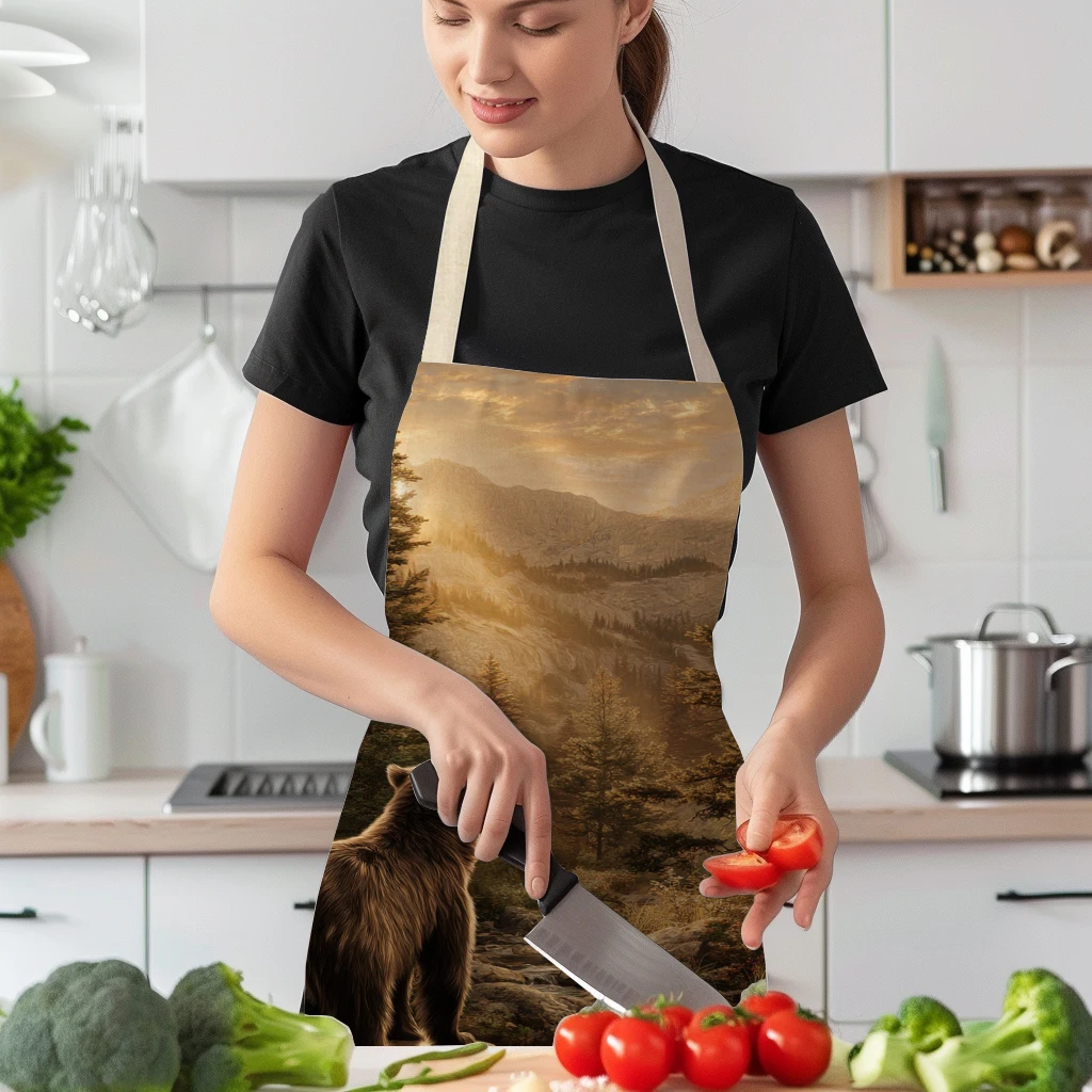 Vintage Mountain Forest Scene Polyester Apron - Stylish Cooking & Painting Apron for Home, Art Studio and Daily Use