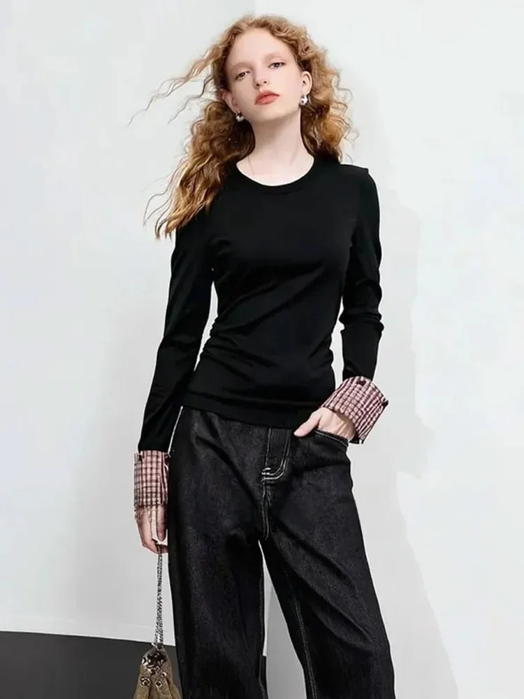 

Футболка Zhuo Chi Bla с клетчатыми вставками, осенняя новинка, с круглым вырезом, подчеркивающая талию, модная, универсальная, для повседневной носки, размер S