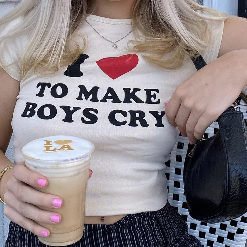 Harajuku Kawaii Crop Tops Make Boy Cry Print T-shirt Women Sexy short sleeve Tops Summer baby Tees Skinny Vintage Emo Girl Tees