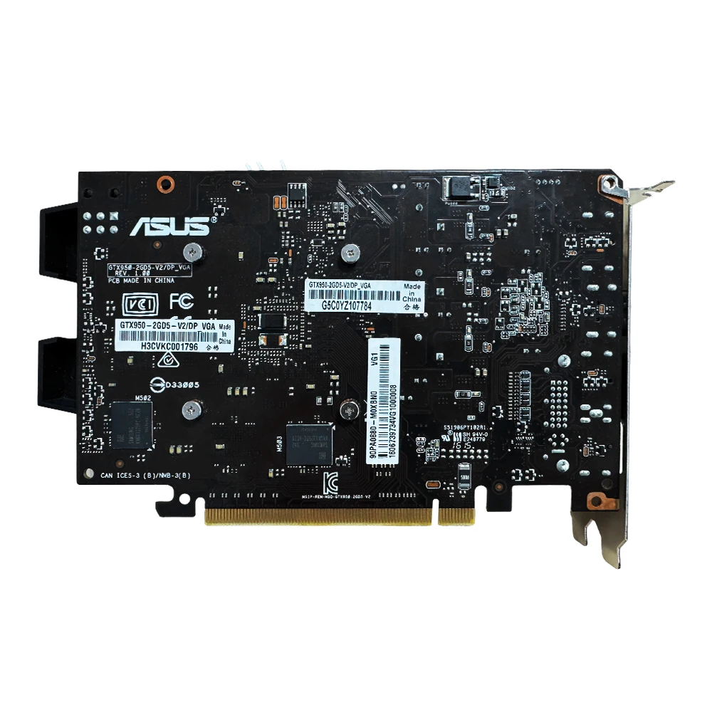 ASUS GTX 950 2GB GDDR5، PCIe 3.0، DVI/HDMI/DP، تصميم مدمج، ألعاب 1080 بكسل، أداء عالي، تبريد فعال، مكعب