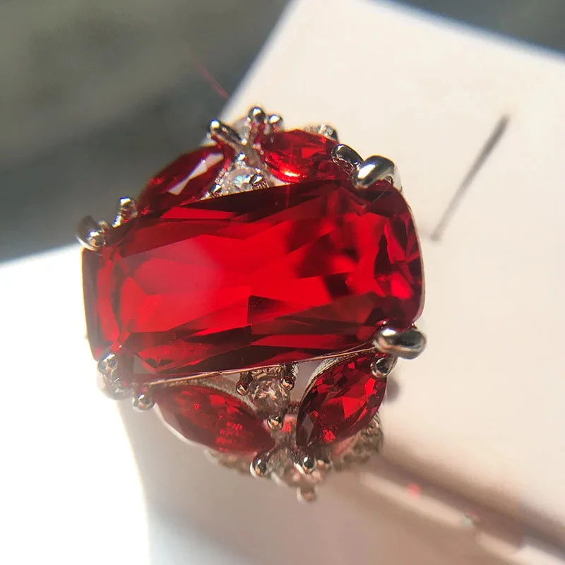 Anillo de Plata de Ley 925 auténtica para mujer, joyería con sello AAA, piedra roja grande de CZ, anillos de boda para fiesta