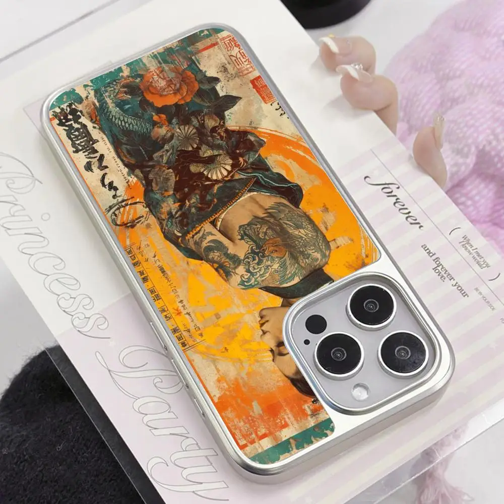 

Retro Tattoo Girl Phone Case for iPhone 17 16 15 14 13 12 11 Air Pro Max Plus Electroplated Silver Cover