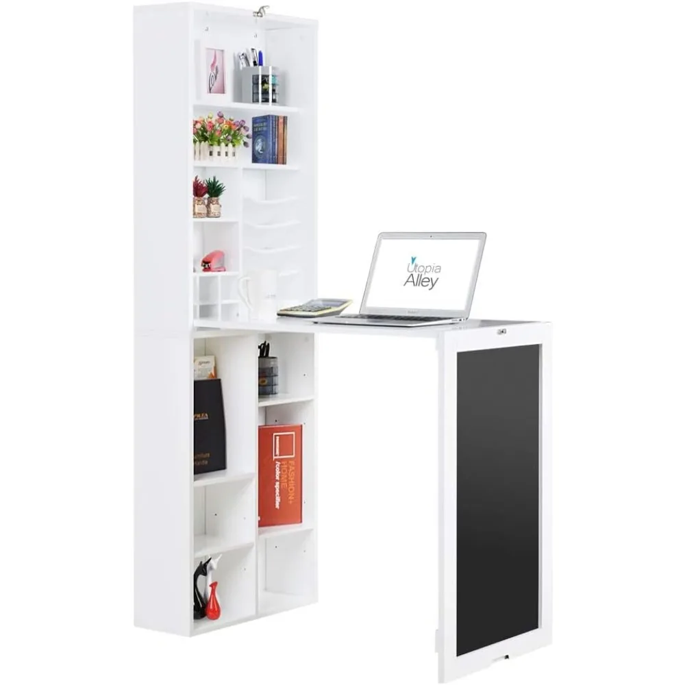 Mesa de escritorio plegable blanca, pared de pizarra con gabinete de almacenamiento y estantes inferiores, escritorio plegable multiusos para el hogar