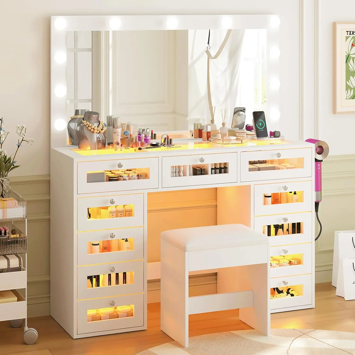 White Vanity Desk with 11 Drawers & RGB Lights, Padded Stool, Power Outlet, Hair Dryer Holder, Customized
