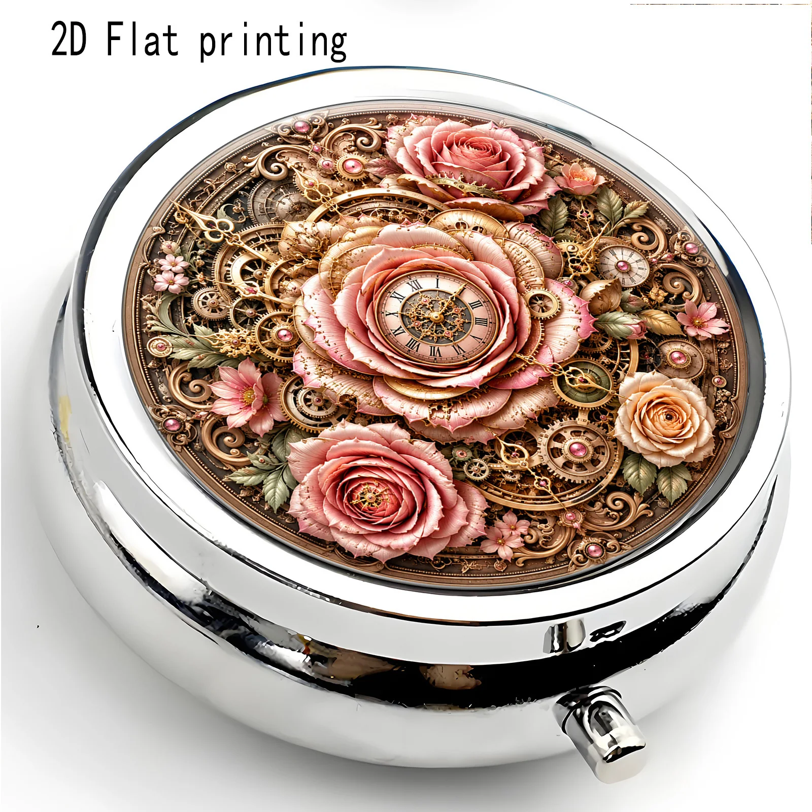 A flat, brown-gold rose embossed patterned round three-compartment pill box, portable medicine storage box, small accessory storage box, suitable for placing in a handbag or as a travel souvenir or prize