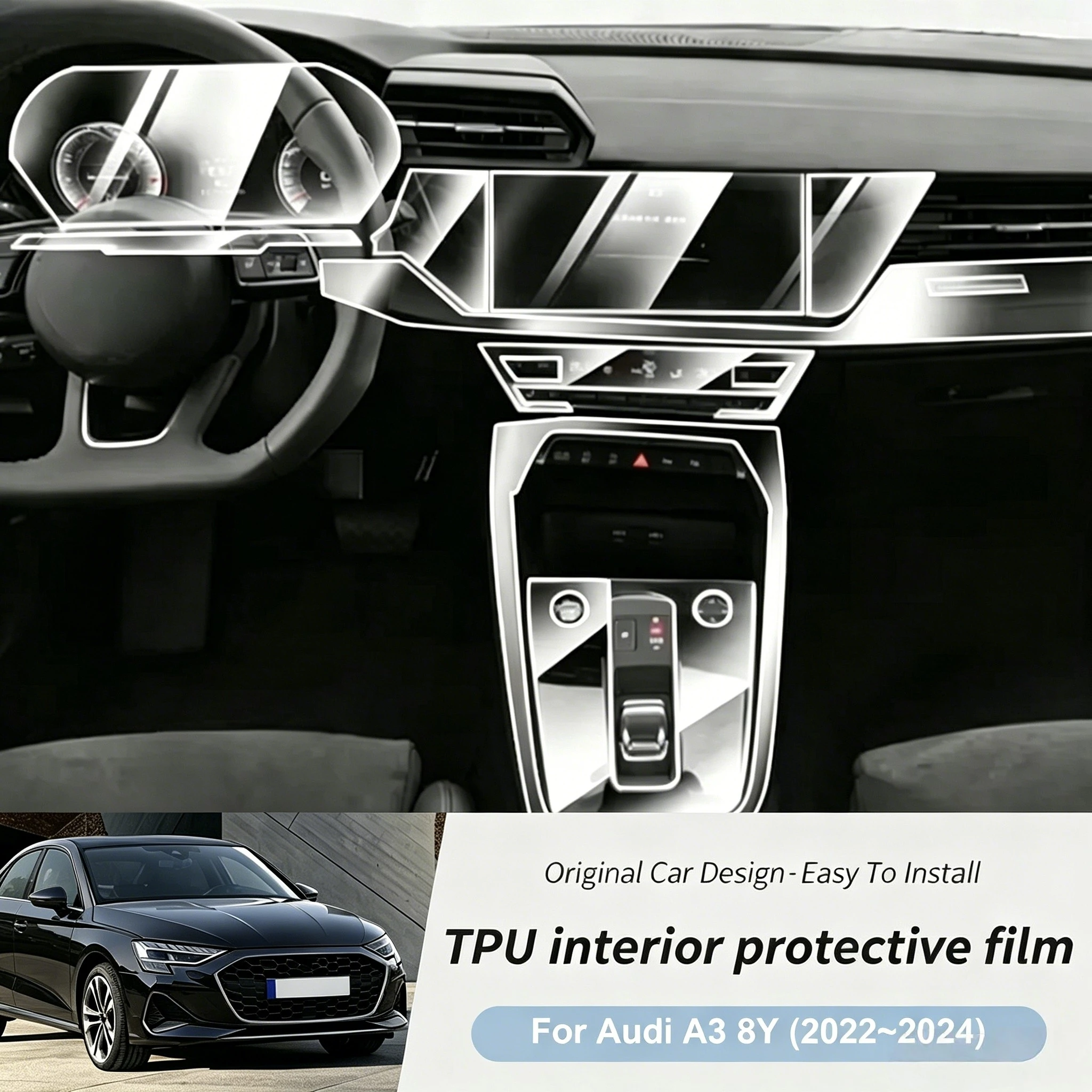For Audi A3 8Y 2022-2024 Car Multimedia Screen Center Gear Panel Transparent TPU Film PPF Interior Protective Cover Decor Film
