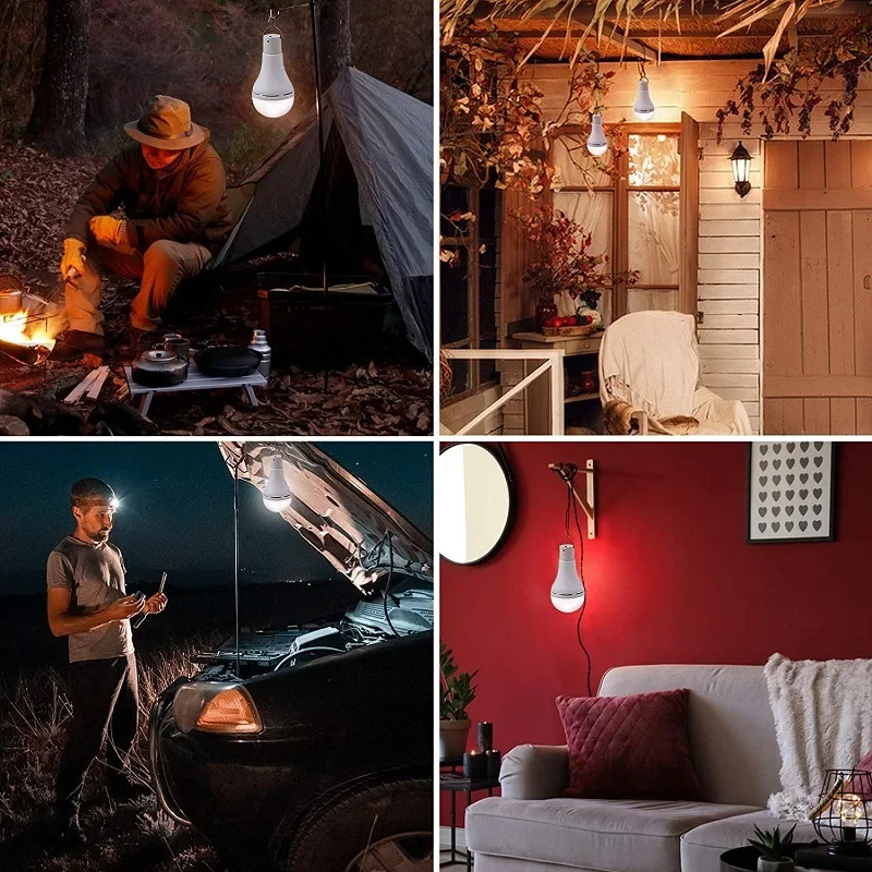 LED Solar Lights Bulb Outdoor Remote Control Portable Camping Lamp Hook Tent Light Home Repair Emergency Flashlight