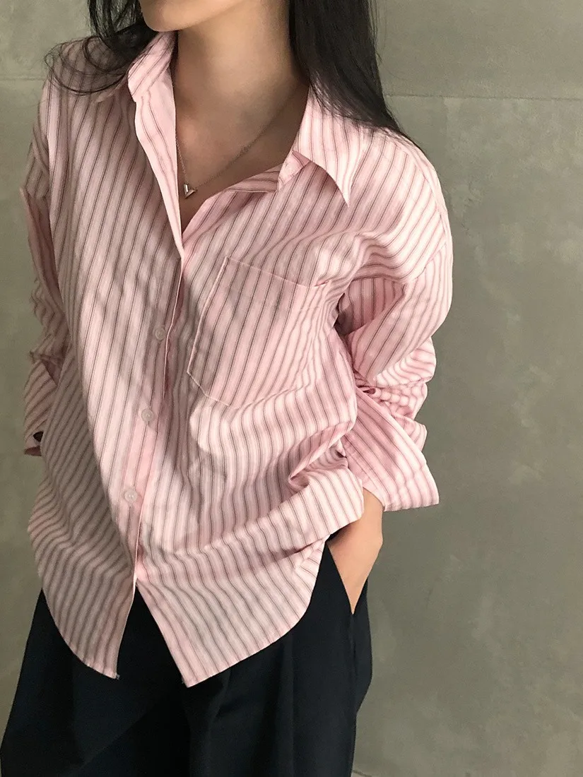 Printemps 2025 femmes Chic rayé irt Vintage col rabattu simple bouton doux haut coupe ample longue Sve motif classique
