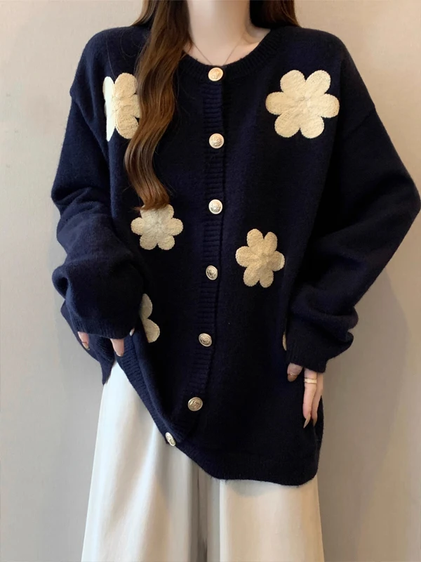Women's Loose Knitted Cardigan Sweater plus Size Autumn Fashion Casual Style Polyester Fiber round Neck Long Sleeve Top