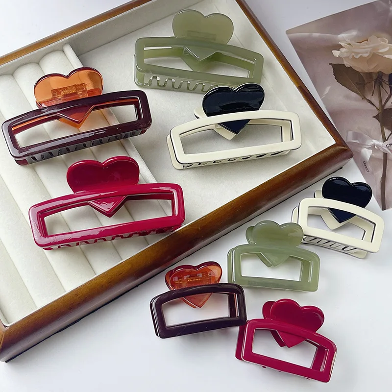 Korean Fashion Love Heart Square Hollow Grab Clip Advanced Sense Acetic Acid Hair Clip Simple Ponytail Clip Hair Accessories