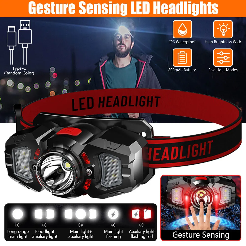 

800mAh Powerful LED+COB Headlamp Waving Induction Headlight TYPE-C Rechargeable Head Torch Waterproof Camping Fishing Lantern