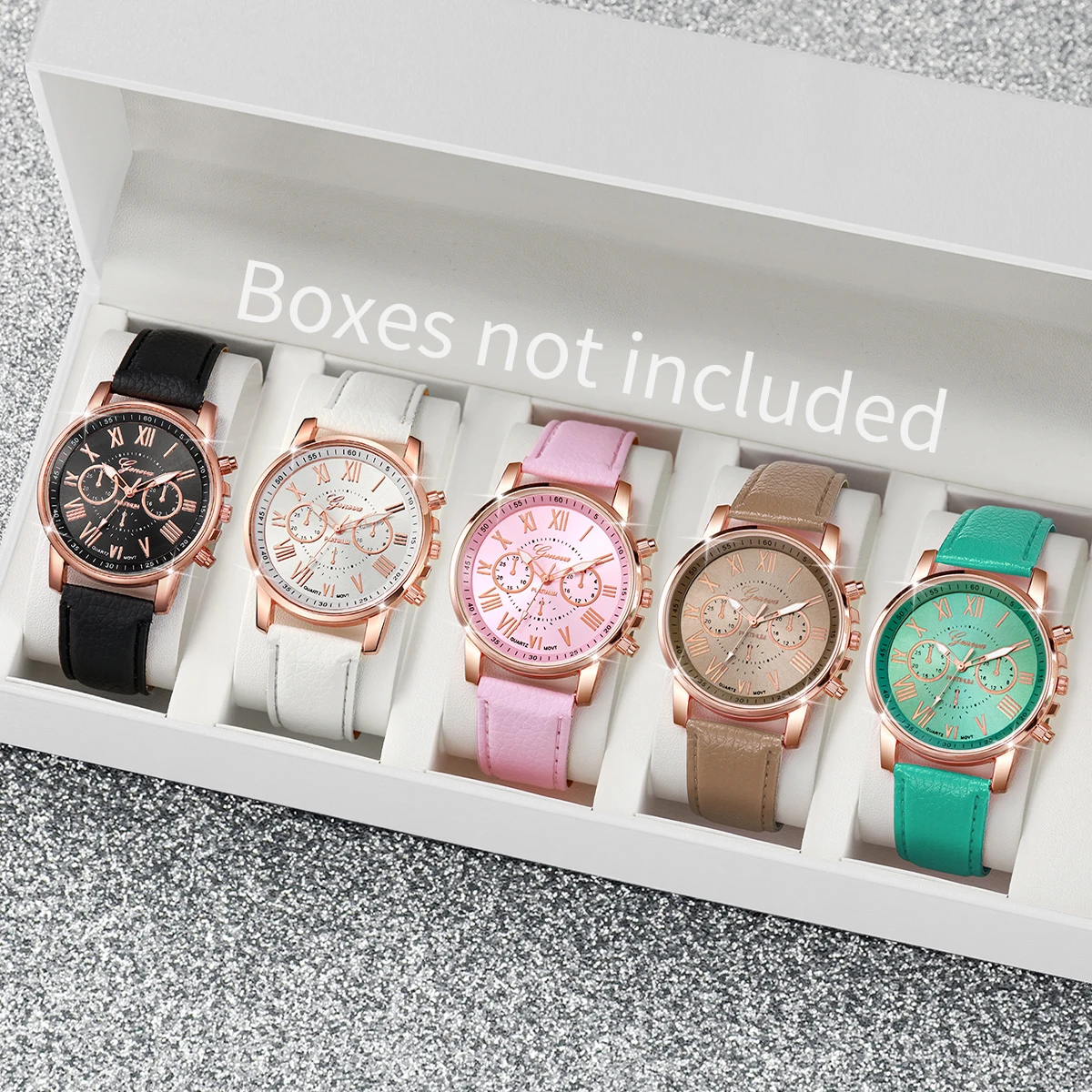 5 stks/set damesmode horloge Academiestijl kleurrijke Romeinse wijzerplaat PU lederen quartz horlogeset