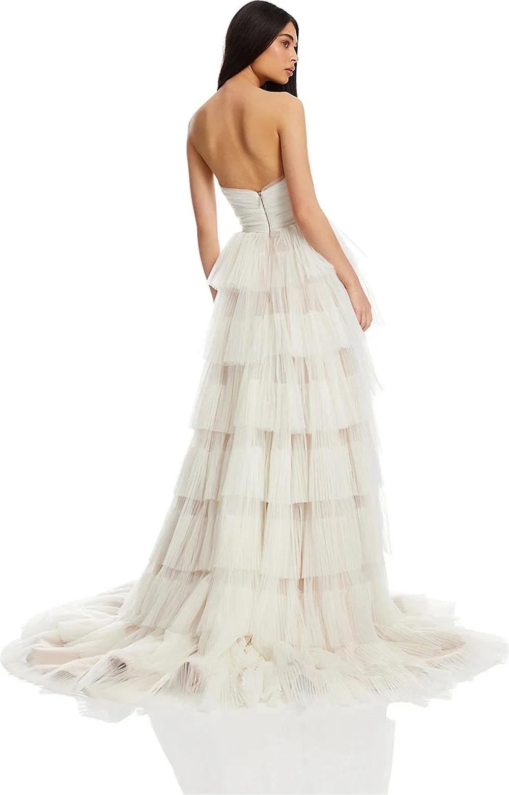 Abito da sposa bianco senza spalline personalizzato Tokyo Abiti da sposa senza maniche con volant a cascata 2025 Abiti da sposa con strascico a-line