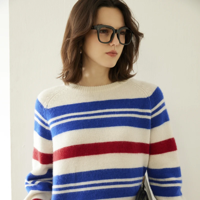 Women's sweater autumn/winter 100% pure cashmere pullover casual striped knitted Tops loose round neck Blouse thickened