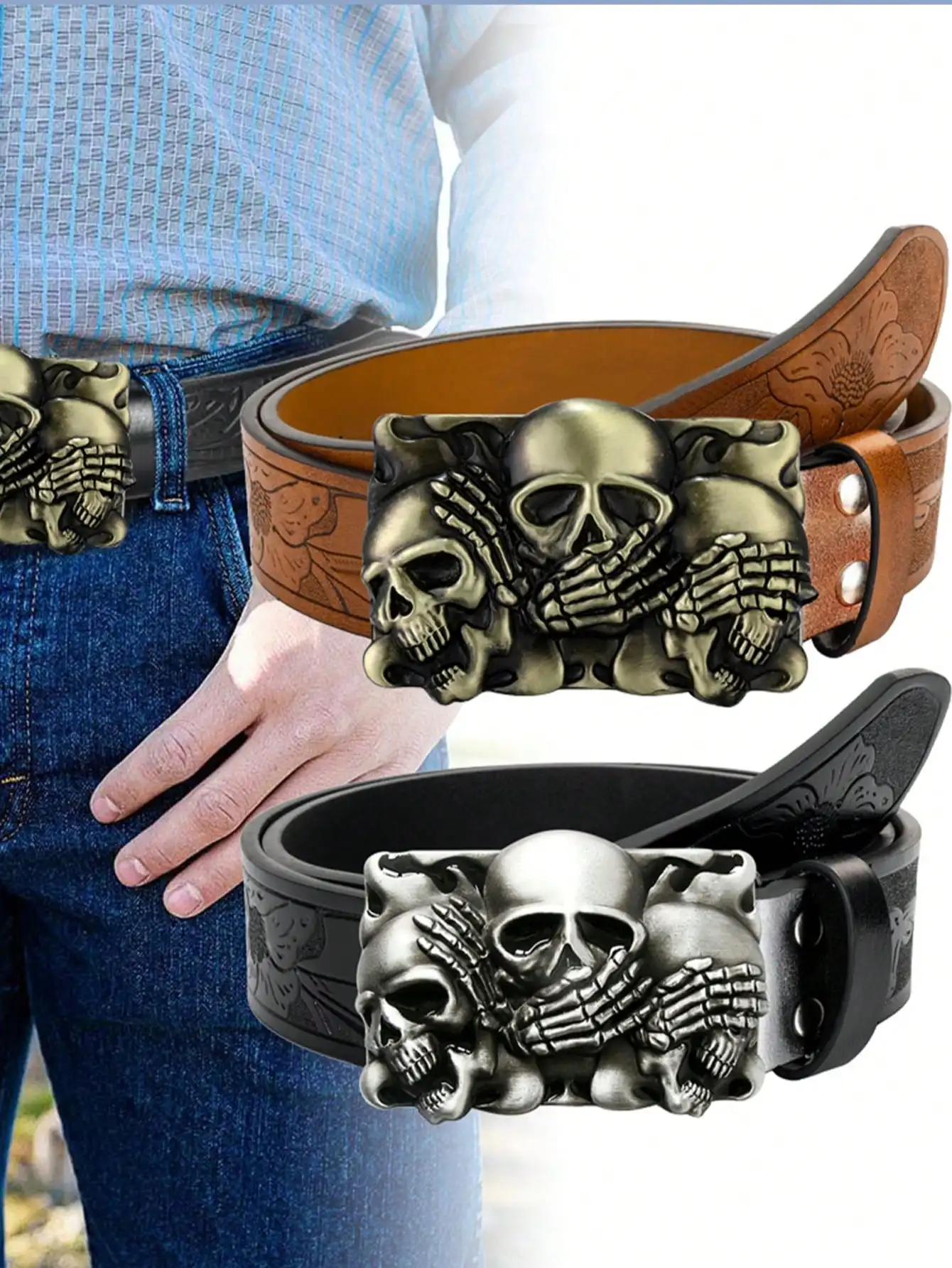 

1 шт. Мужской винтажный ремень — регулируемый ковбойский ремень с тиснением в стиле вестерн для повседневного и уличного стиля, прочный комфорт в модном подарке