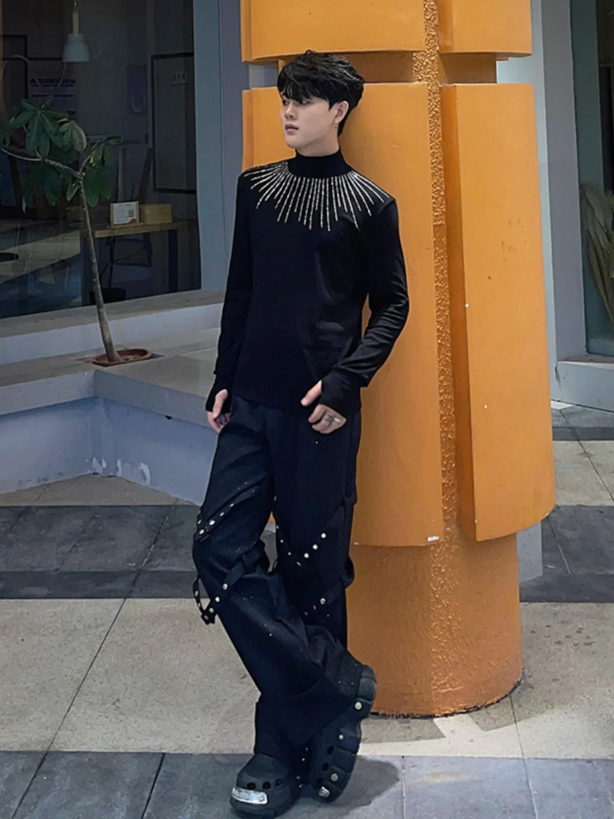 Black Semi-turtleneck Long-sleeve T-shirts Men's 2024 Autumn New Hot Diamond Design Tees Male Versatile Bottoming Shirt Tops