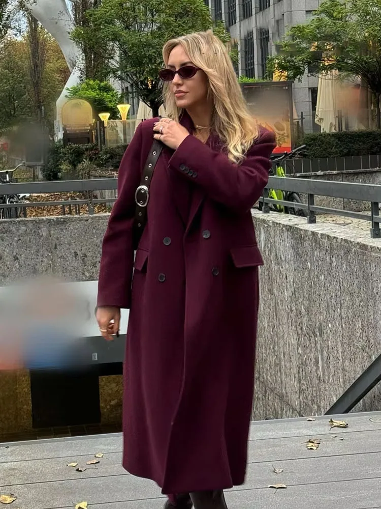 HH Autumn Winter Female Fashion Casual Woolen Long Coat Woman Turn-Down Collar Long Sleeves Pockets Double Breasted Coat