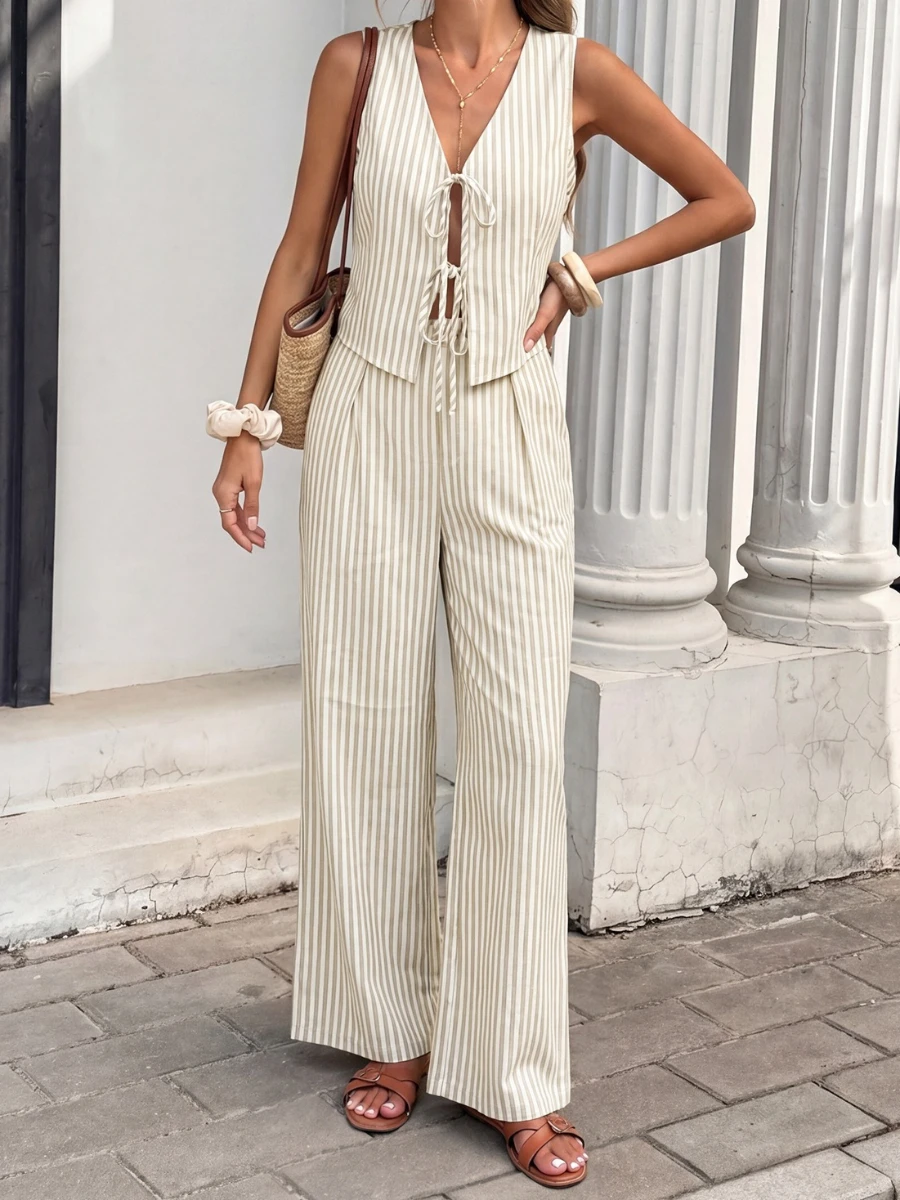 

Foamlina Casual Striped 2 Piece Set Lace-Up V-Neck Sleeveless Vest Top and Wide Leg Long Pants Women Summer Chic Vacation Outfit