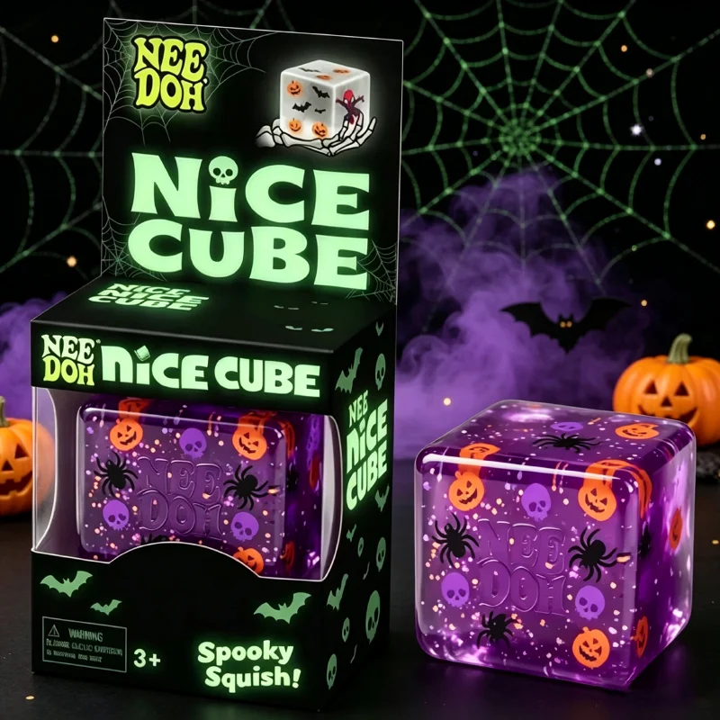 Nee Doh Nice Cube Halloween Spooky Squish Fidget Toy Pumpkin Spider Skull Pattern Stress Relief Squeeze Sensory Toy Gift