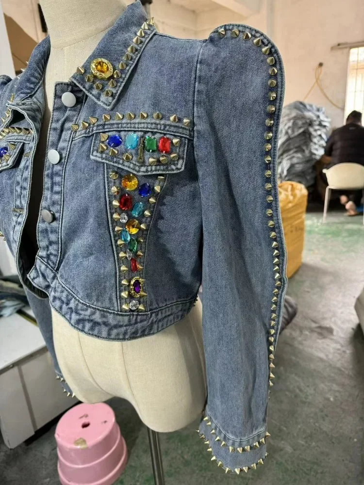 Vintage Blue Irregular Hem Slim Short Denim Jacket Women Spring Autumn Streetwear Lapel Long Sleeve Diamonds Rivet Jeans Coat