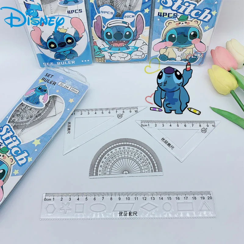 

Disney Stitch Cartoon Ruler 20cm Cute Cartoon 4pcs/set Ruler Drawing Geometric Triangle Protractor Kawaii School Supplies Gift