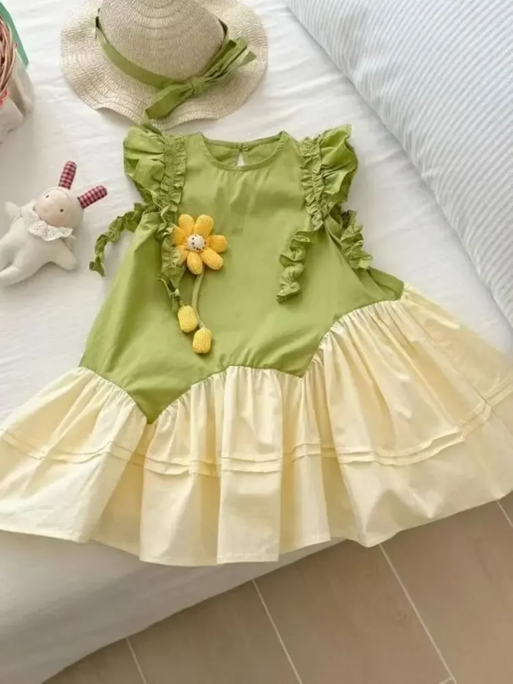 2026New Girls' Summer Princess Dress Spliced Flying Sleeve Sunflower Print Sleeveless Lace Vest Top Skirt Set Sportress 80-150cm