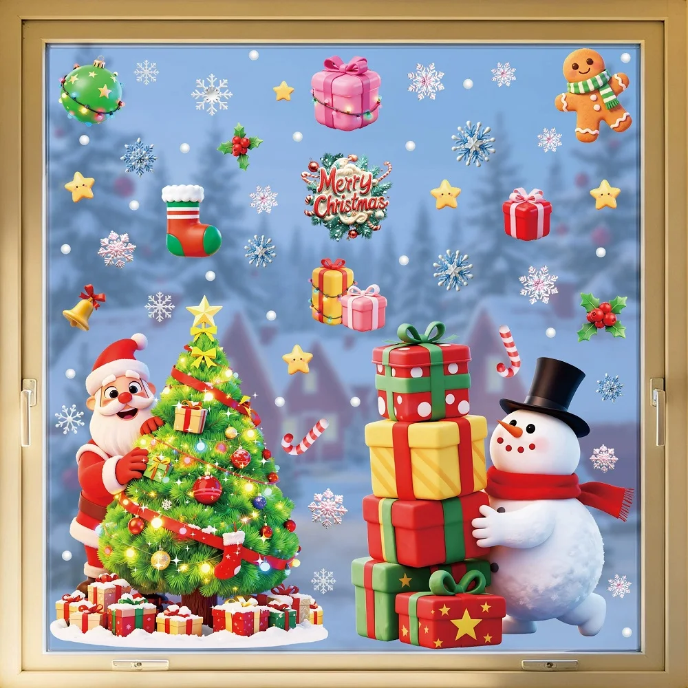Snowman Santa Claus Christmas Window Stickers Decoration for Home Office Shopping Mall Showcase Xmas Decor Static Cling Decals
