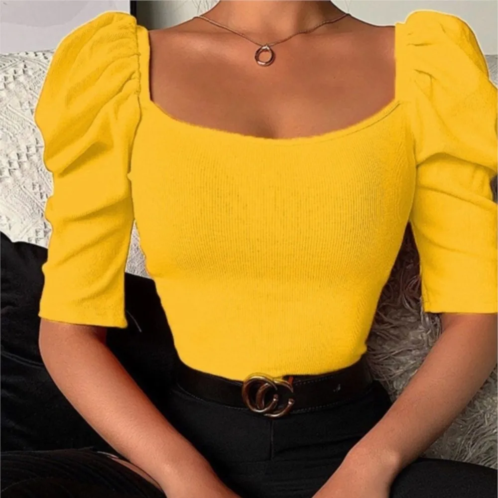 Women's Spring Summer New Collection Solid Color Fashion Simple Square Neck Bubble Sleeve Casual Short Sleeve Top