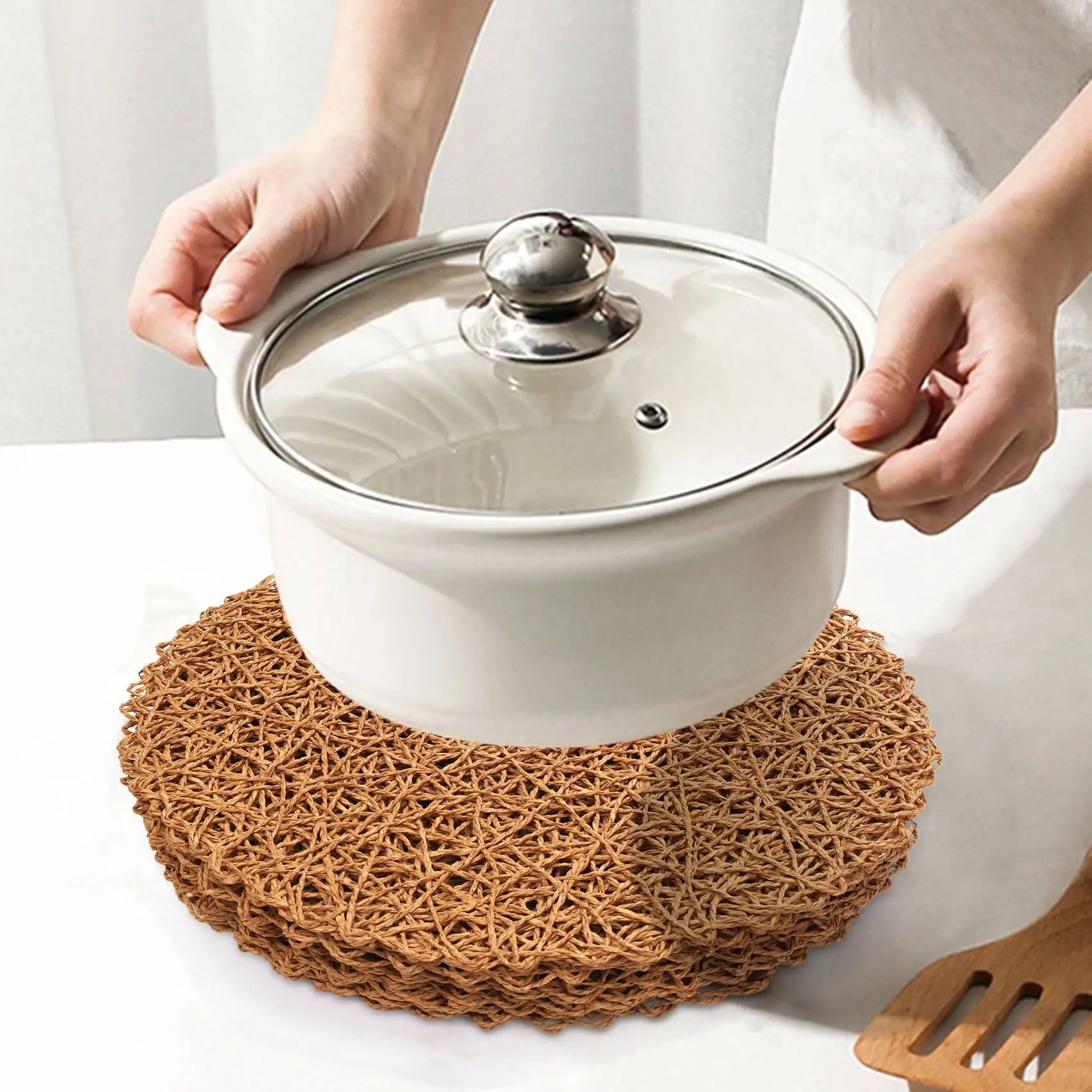 Ronde papiergeweven placemats, decoratieve touwgaas placemats voor dineren en bruiloften 12 stuks