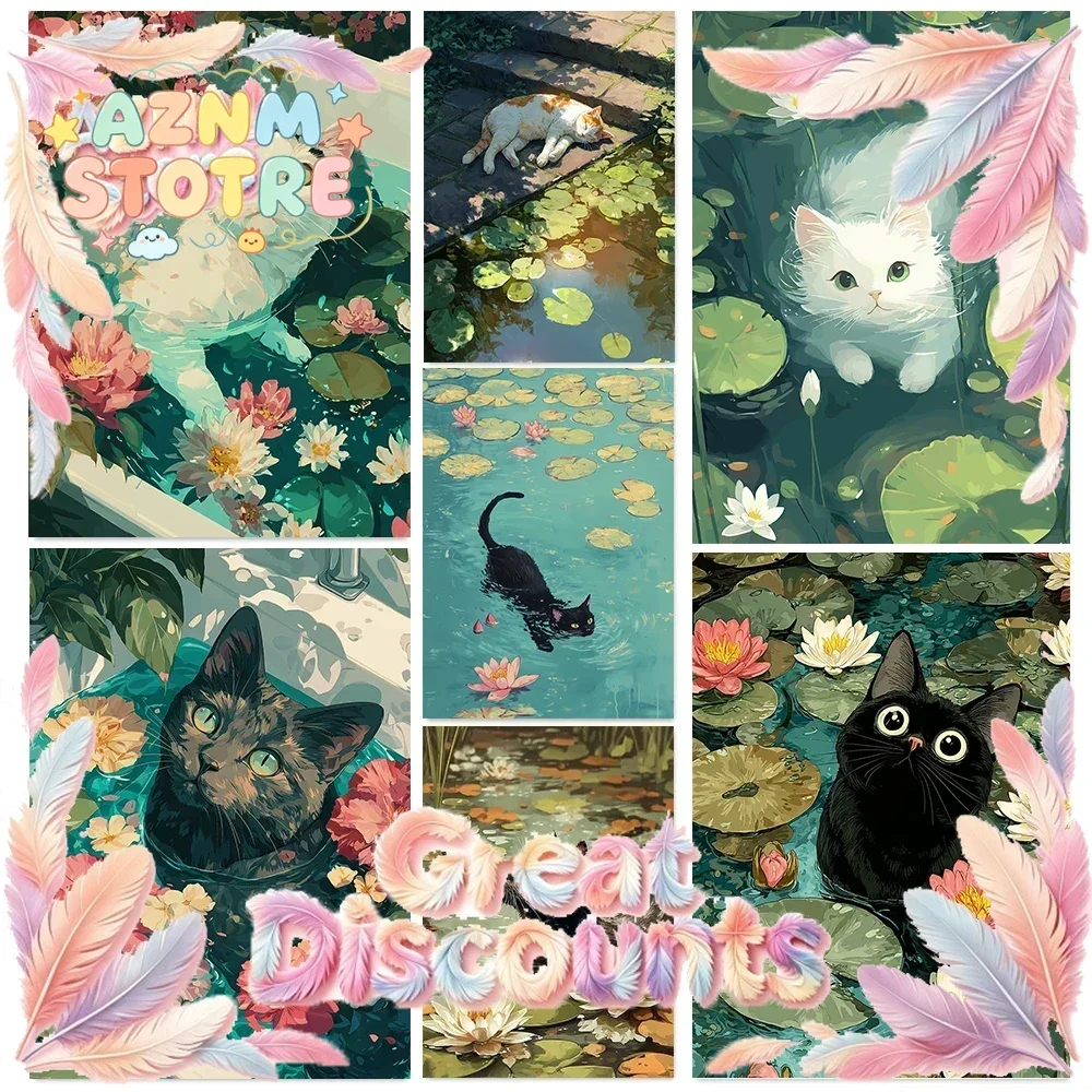 Modern Pond Black Cat Posters Lily Pond Cartoon Summer Swimming Modern Prints Canvas Wall Art Picture Home Living Room Decor
