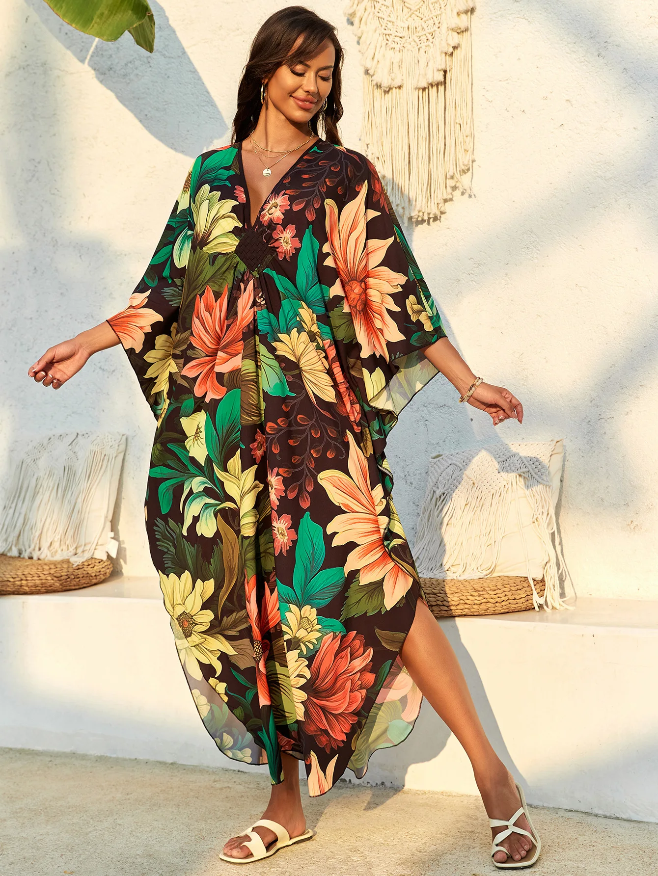 Women Stylish Caftans Plus Size Beach Cover Up Soft Loungewear Batwing Sleeve Summer Swimsuit Dresses
