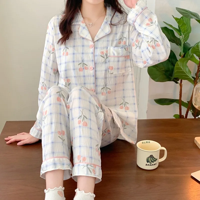 Conjunto de pijama de tulipa de manga comprida feminino, roupa de dormir doce, terno de duas peças, primavera, outono, estudante, 2024